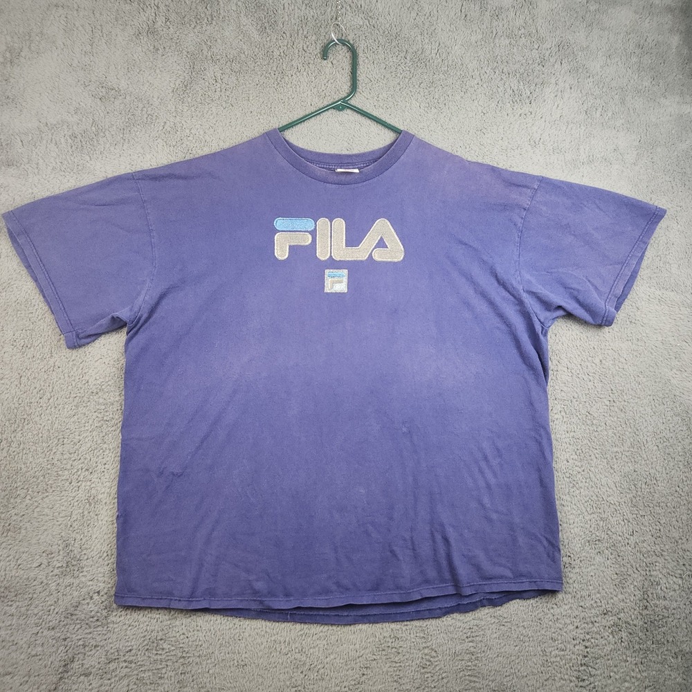 Vintage 90s Fila T-Shirt Mens XXL Purple Short Sleeve Embroidered Logo USA Faded